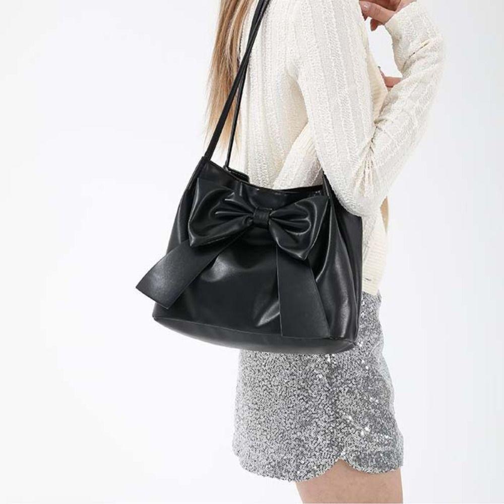 Bucket Bag INS Tote Bag Solid Color Fashion Underarm Bag Casual PU Bow Shoulder Bag  Children