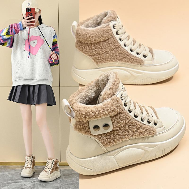 velvet high-top little white shoes for women's 2025 winter new student ins Korean version of warm casual height-increasing cotton shoes Q251
