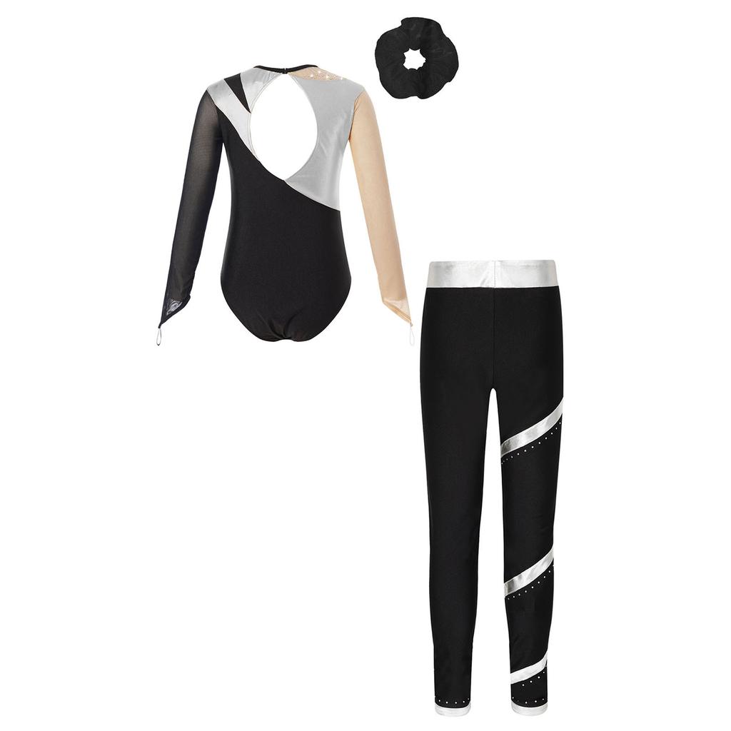 Set Dans Fete Strălucitor Pietre Strass Body Mânecă Lungă Decupaj la Spate Pantaloni Bandă Elastică în Talie și Bandă de Păr