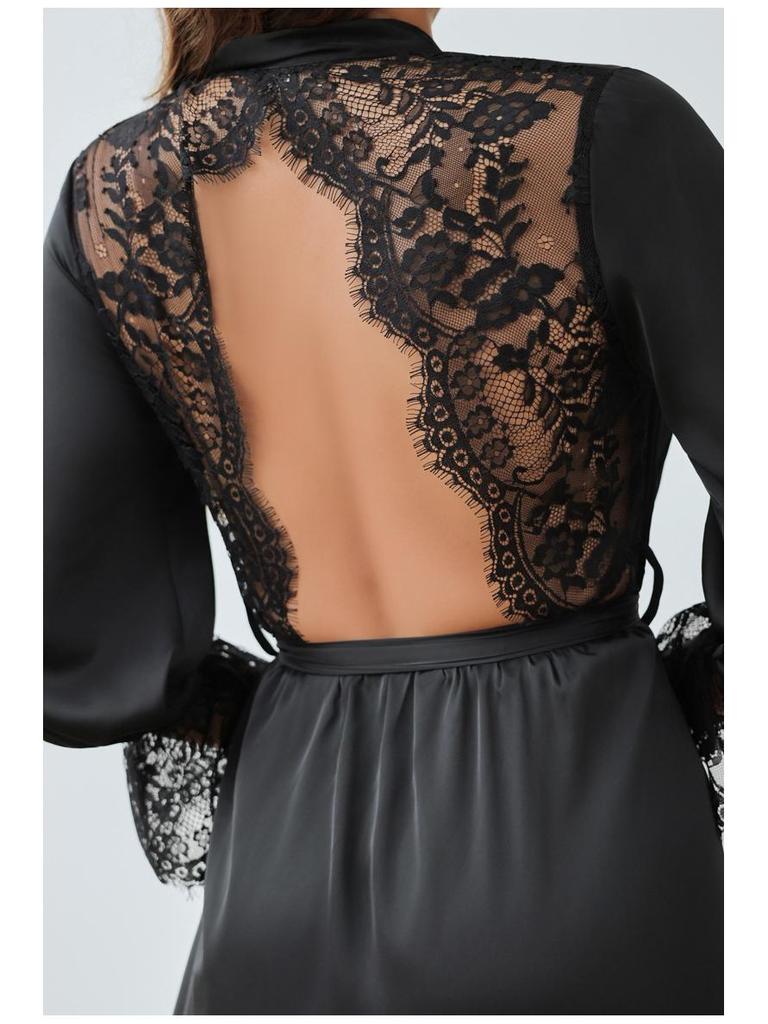 Yaoting Damen Satin Chiffon Nachthemd: Sommer Spitzen-Patchwork, Französisch Elegant, Sexy Rückenfreier Langer Morgenmantel.