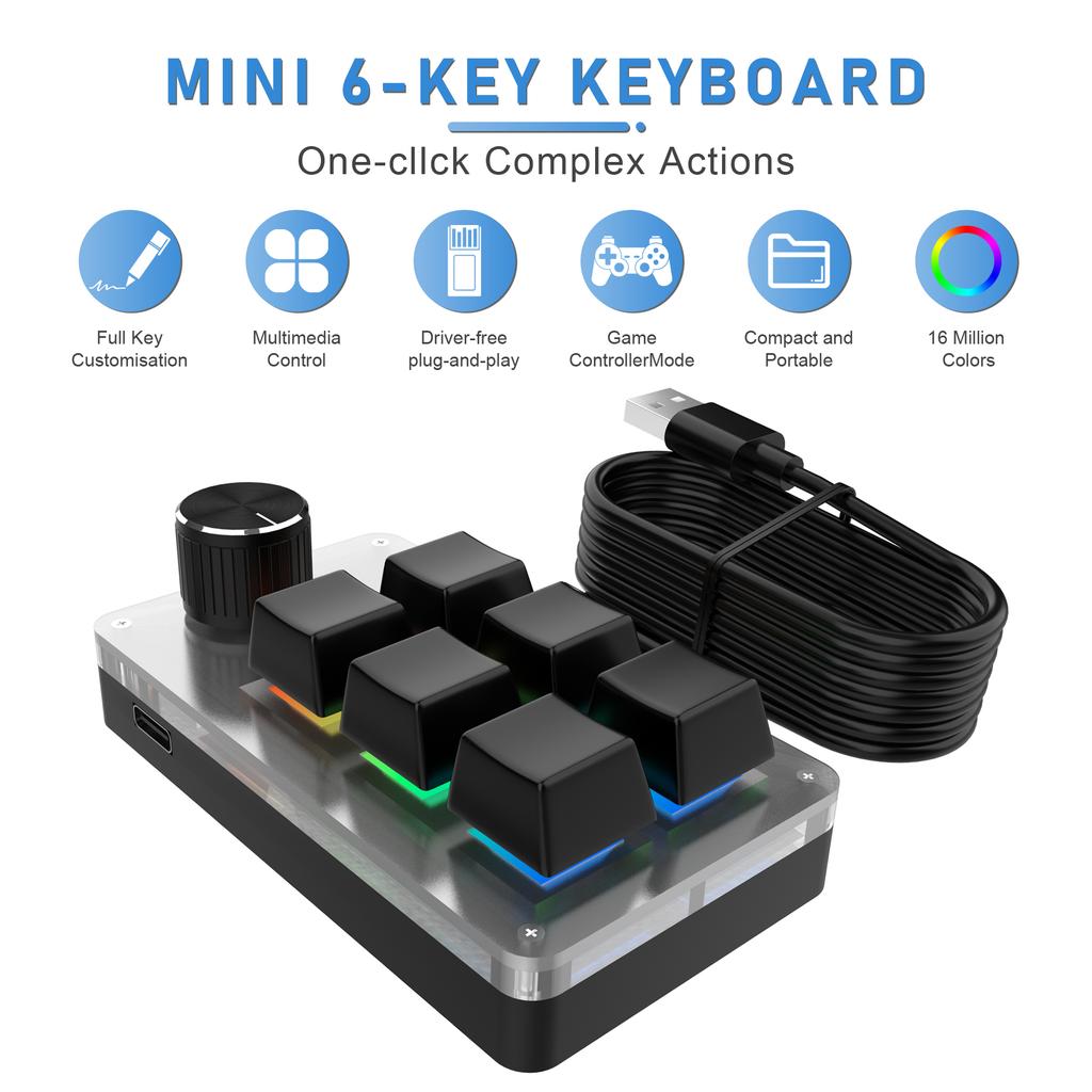 6 Keys 1 Knob Mini Keyboard Customize Copy and Paste Volume Adjustment Shortcut Keys Portable Mechanical Keyboard for Game PS