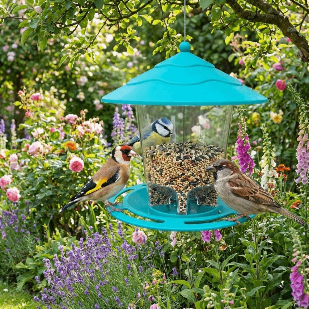 Mangeoire à oiseaux sauvage suspendue style gazebo Grande capacité Contenant étanche pour nourriture d'oiseaux avec corde de suspension Mangeoire décorative pour colibris