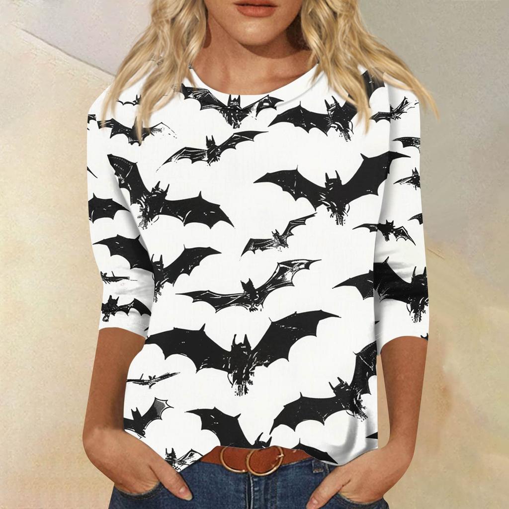 Dámské módní ležérní tričko s tříčtvrtečním rukávem a halloweenským potiskem, s kulatým výstřihem