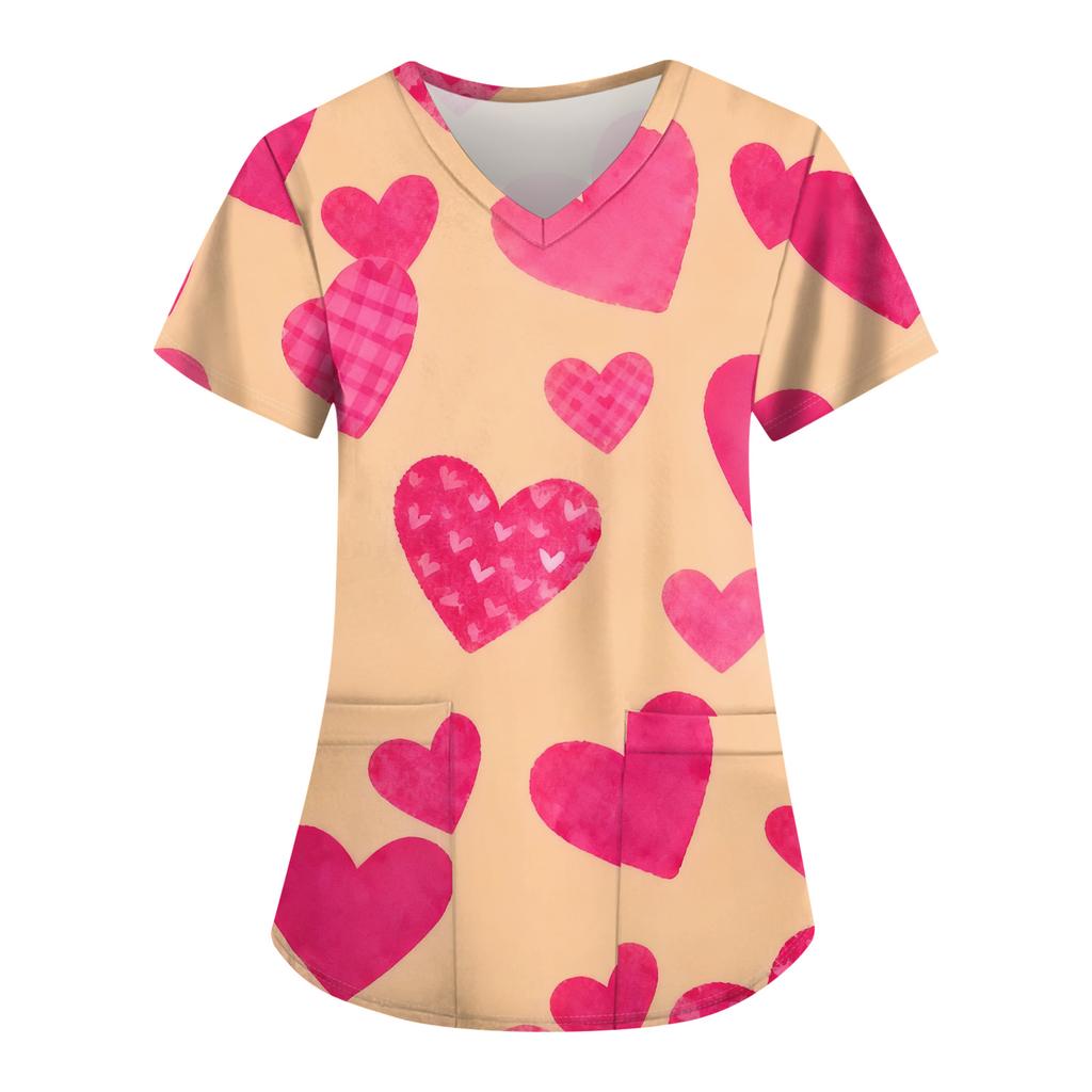 Damskie modne koszulki z krótkim rękawem i dekoltem w serek z nadrukiem i kieszeniami, do pracy
