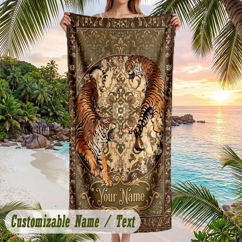 Tiger Art Poster Theme Quick Dry Beach Towel Custom Name Text Print Large Sand Resistant Towel Beach Vacation