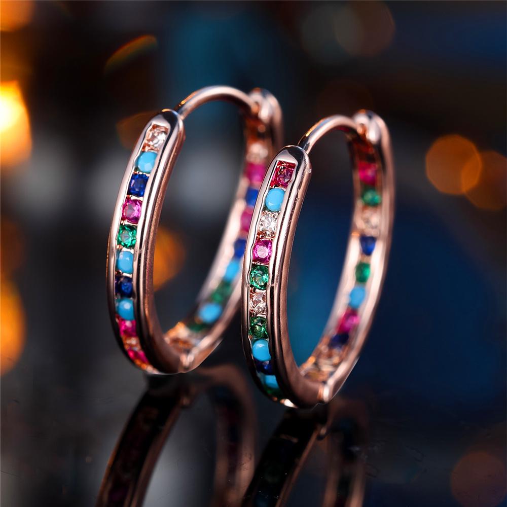 Cute Female Rainbow Zircon Stone Round Hoop Earrings  Silver Color Wedding Jewelry For Women