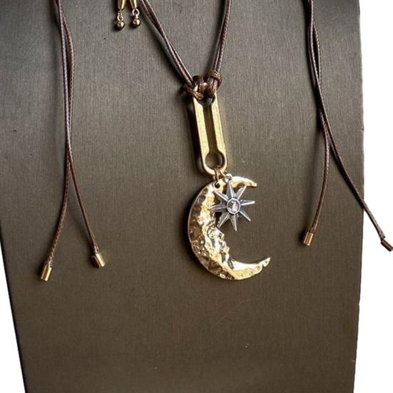 Moon Necklace for Women, Layered Crescent Moon Pendent Rope Choker Necklace, Boho Retro Adjustable Jewelry