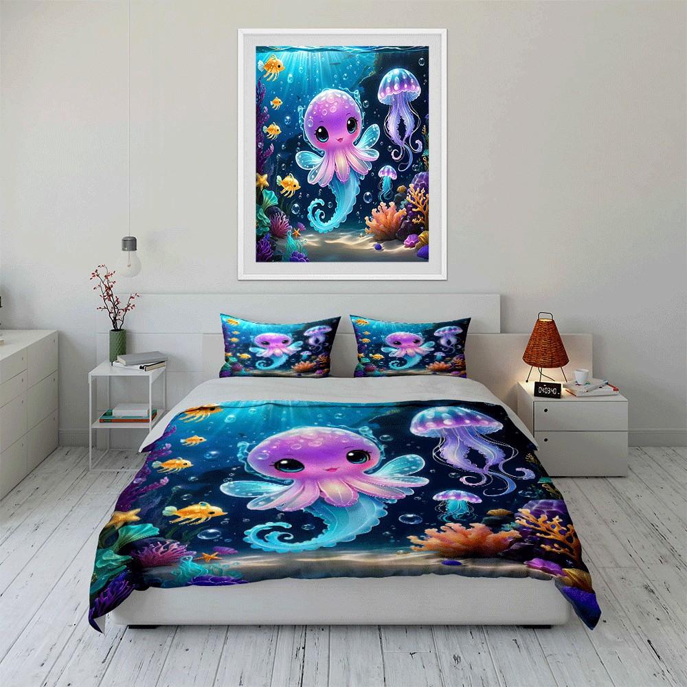 Underwater Fantasy Jellyfish Set Perfect For Ocean-Themed Decorations, Kids' Rooms. Exquisite Three-Piece Bedding Set Gift