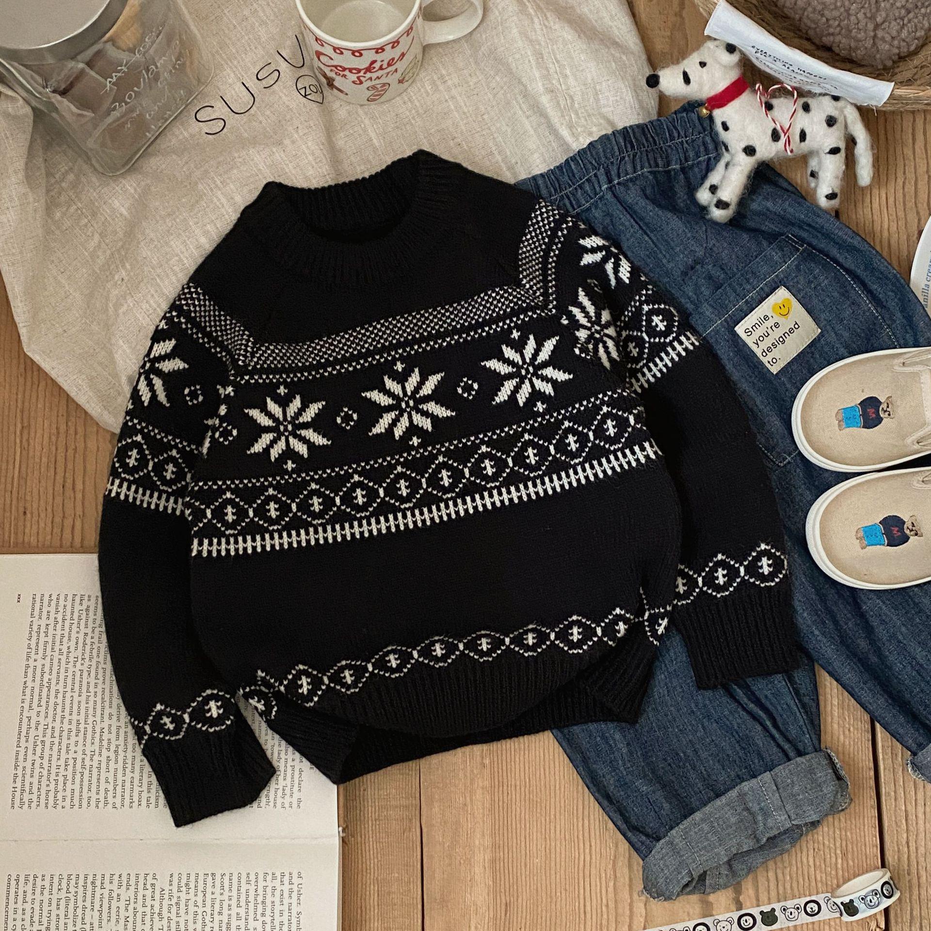 Fair Isle Retro Unisex Jacquard Sweater - Thickened Round Neck Pullover for Boys & Girls. 120 cm чёрный