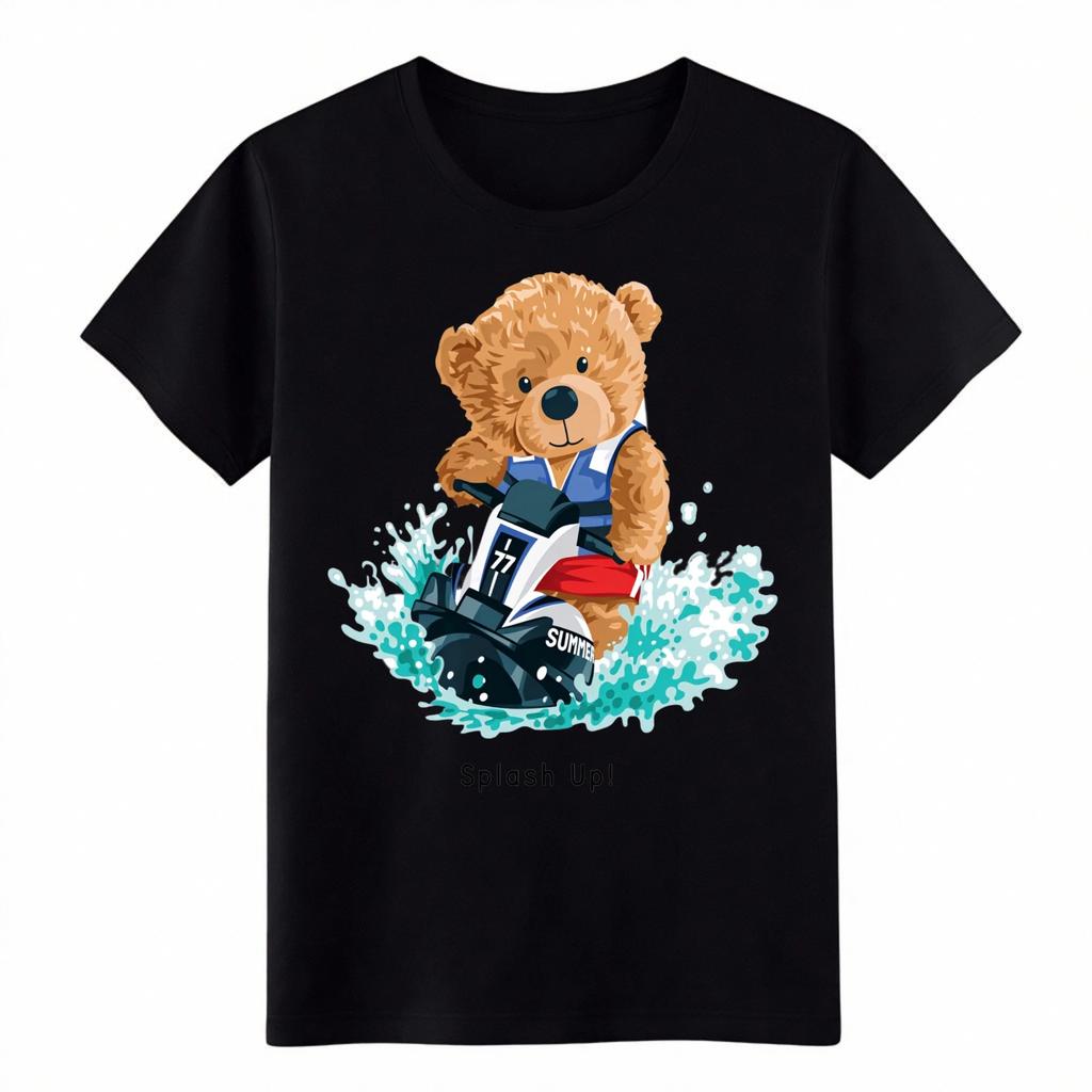 Splash Up!Jet Ski Teddy Bear T-Shirt Cute Summer Beach Graphic Tee for Adults