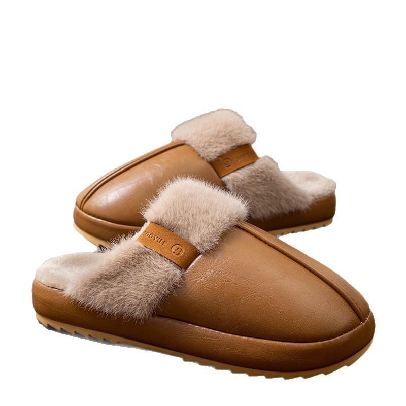 Waterproof cotton slippers autumn and winter 2025 new home warm thick bottom PU leather surface antibacterial cotton slippers