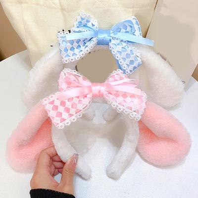 2ks Dívčí čelenky s krajkovou mašlí, plyšovým zvířátkem s dlouhýma ušima, dekorace čelenky, kostým, vánoční večírky, nadýchané vlasové doplňky