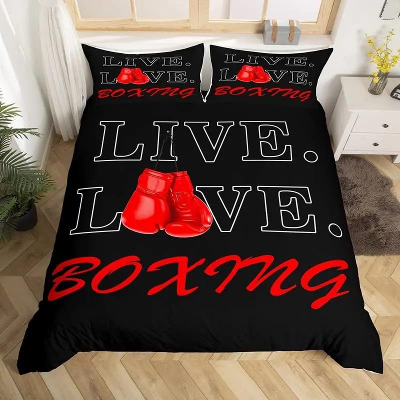 Boxing Sport Duvet Cover King Queen Golden Boxing Gloves Bedding Set Yellow Fire Print Comforter Cover Microfiber Quilt Cover