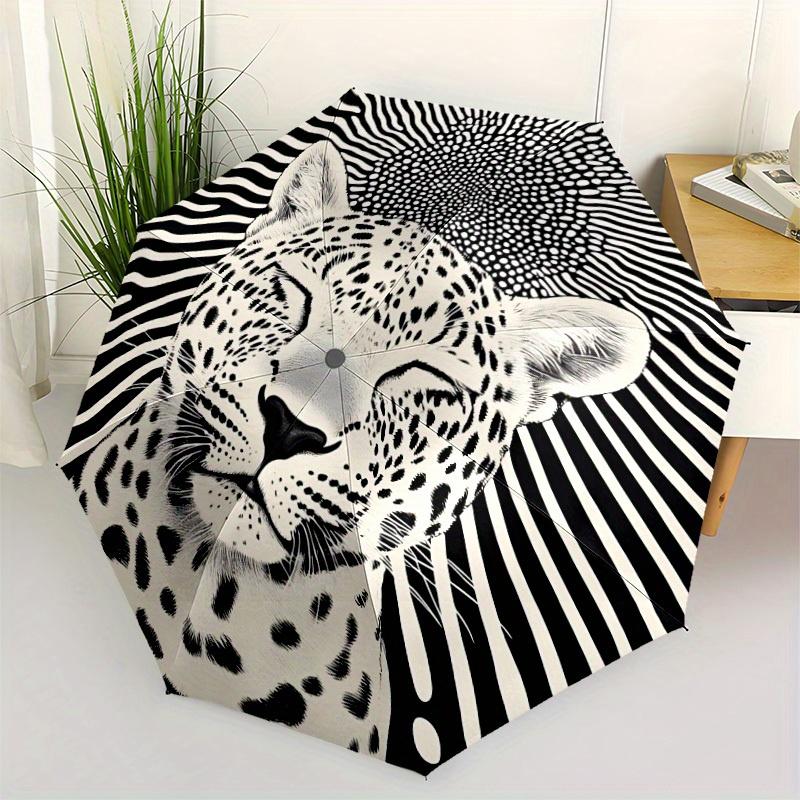 1pc Leopard Print Automatic Open/close Folding Compact Umbrella, 8-Rib Sturdy Canopy, Lightweight Portable, Everyday Use, Gift, Outdoor Umbrella, Trav