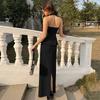 Solid Color Halter Backless Slim Fit Two Piece Tank Top Long Skirt Set For Women