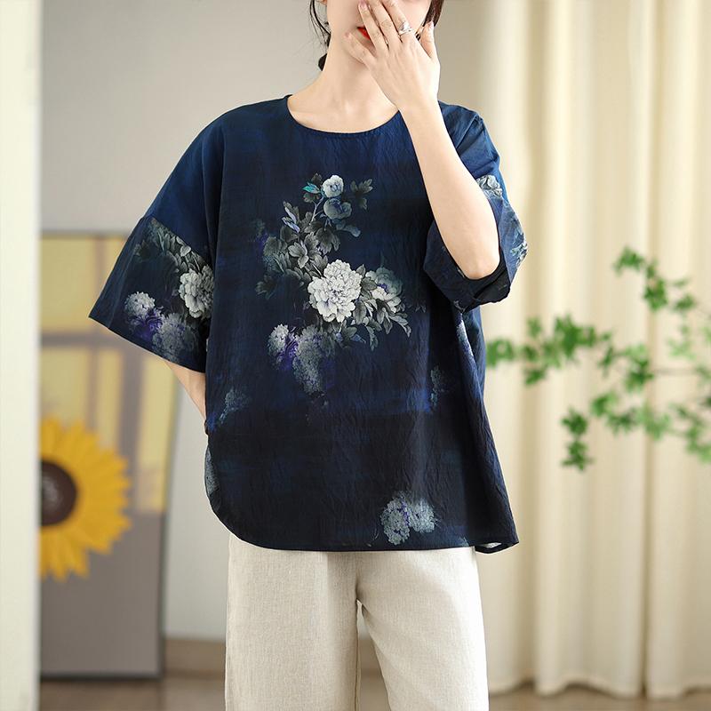 DIMANAF 2026 Plus Size New T-Shirt Women Shirts Flower Print Loose Casual O-Neck Lady Tops Tees Blouse Oversize Summer