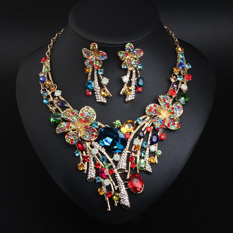 Luxury Diamond Necklace Earrings Set Party Wedding Dress Dinner Accessories Colorful Rhinestone Necklace Earrings Chain for Girls
