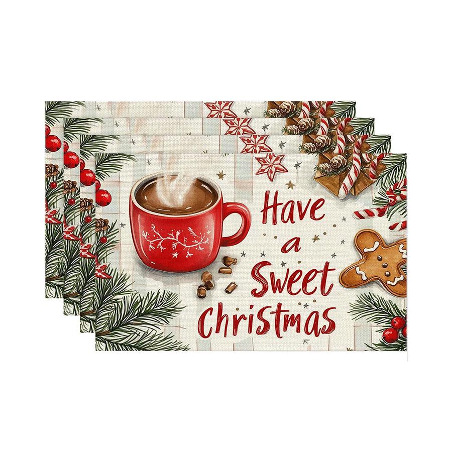 Festive Christmas Printed Linen Placemats - 4-Piece Set