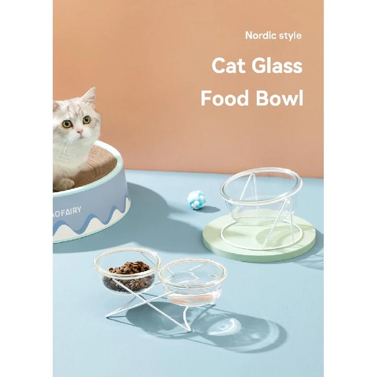 Cat Glass Food Water Bowl Elevated Small Dog Double Drinking Eating Bowls Pet Transparent Feeding Basin with Stand