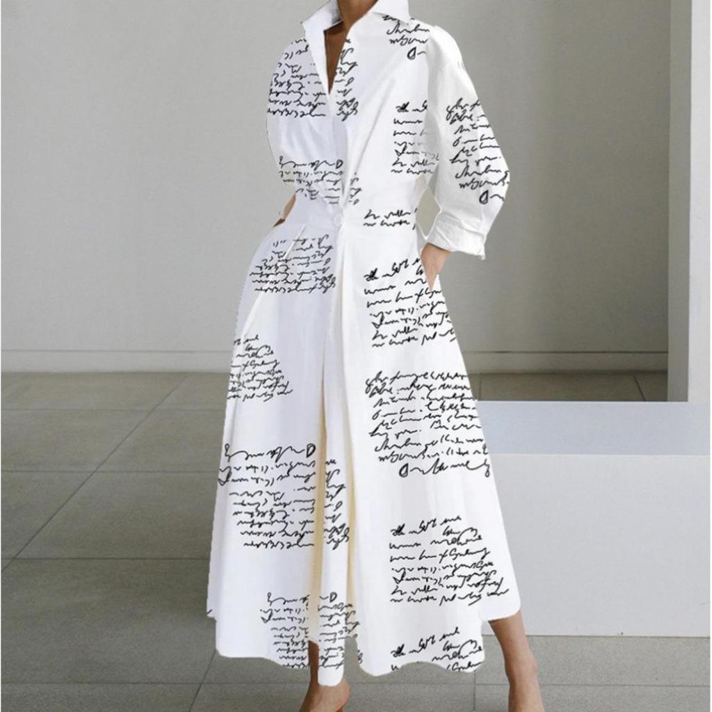 Plus Size Commuter Fashion Neck Lining Nine Minute Sleeve Loose Hem Dresses