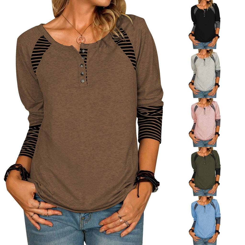 Fashion Womens Tops Casual V Neck Tunic Tops Striped Button Pullover Sweatshirt Casual T-shirt Top