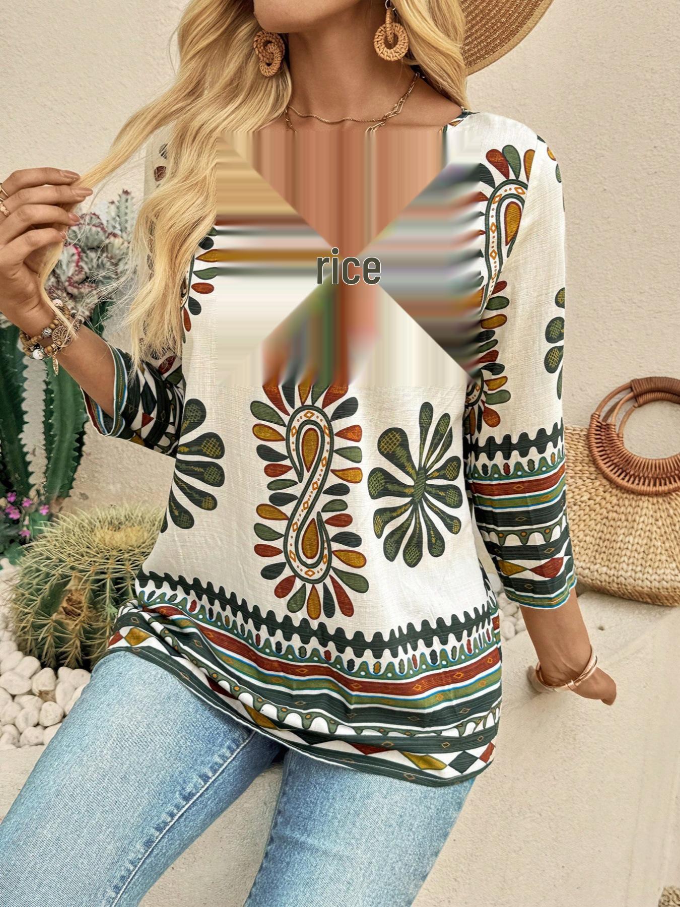 Women s 2025 Spring/Autumn Casual Round Neck Three-Quarter Sleeve Top - Comfortable for Daily, Travel, Vacation Wear 2XL абрикосовый