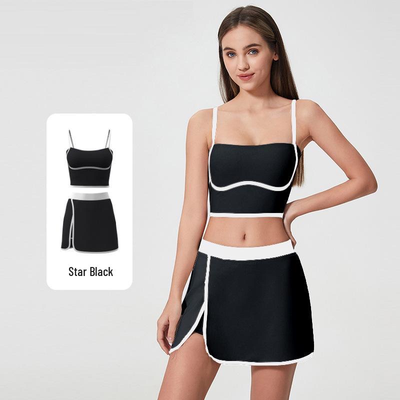 Women's Color Block High-Waisted Skirt & Camisole Set with Chest Pads, Slim Fit, Sporty, and Flattering Two-Piece Ensemble