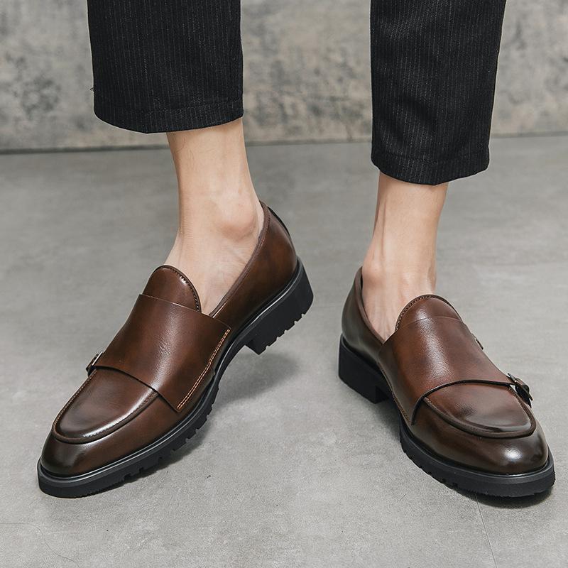 Large Size Business Munk Shoes Men's Solid Color Platform Dress Leather Shoes Korean Version Office Loafers