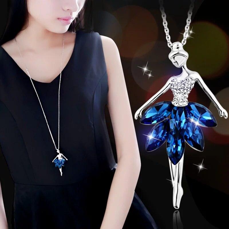 Elegant Charm Dancer Cubic Zirconia Blue White Color Dress Pendant Long Necklace For Women Retro Fashion Jewelry