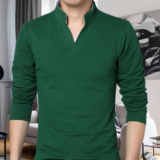 Men T-shirt Solid Color Long Sleeve V Neck Slim Pullover Top for Spring