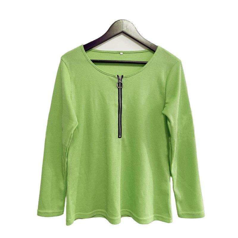 Women Solid Color Waffle Long Sleeve Zipper Casual T Shirt Top