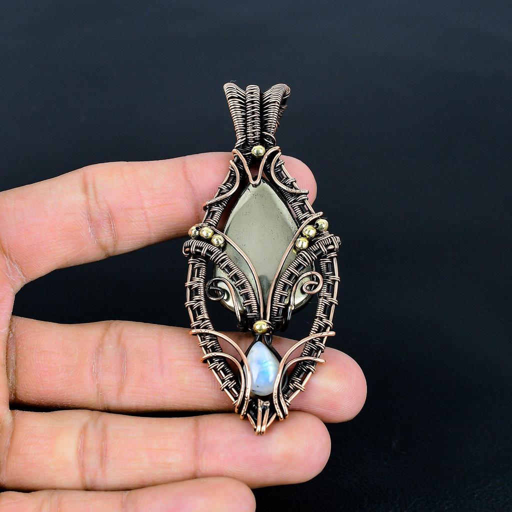 Pyrite & Moonstone Pendant, 999 Copper Wire Wrapped Gemstone Jewelry, Handmade Tree Of Life Pendant, For Thanksgiving