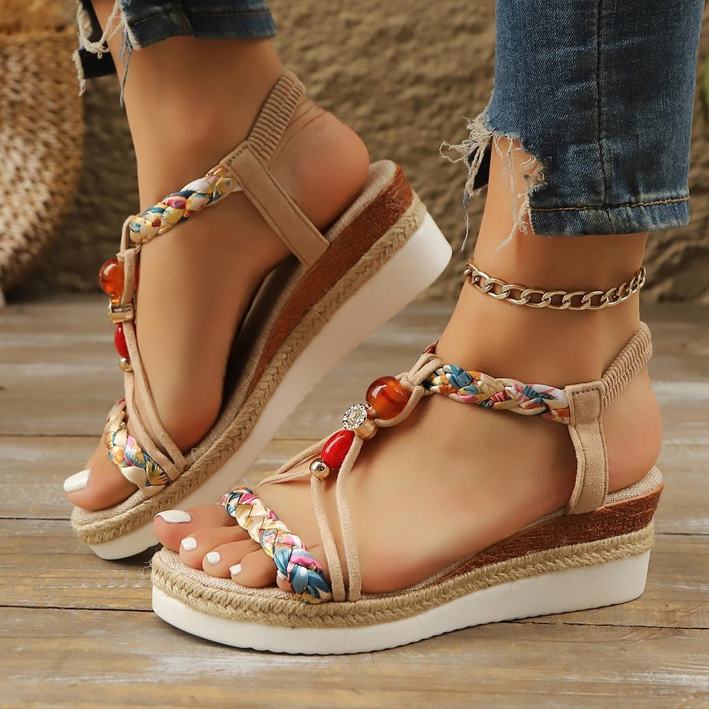 Bohemian Style Hemp Rope Hand Woven Color Blocked Elastic Band Open Toe Beach Shoes with Sloping Heels, Women's Casual and Comfortable Sandals