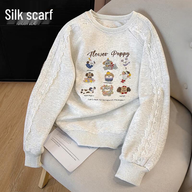 

Women s Loose Cartoon Embroidered Lace-Paneled Sweatshirt One Size