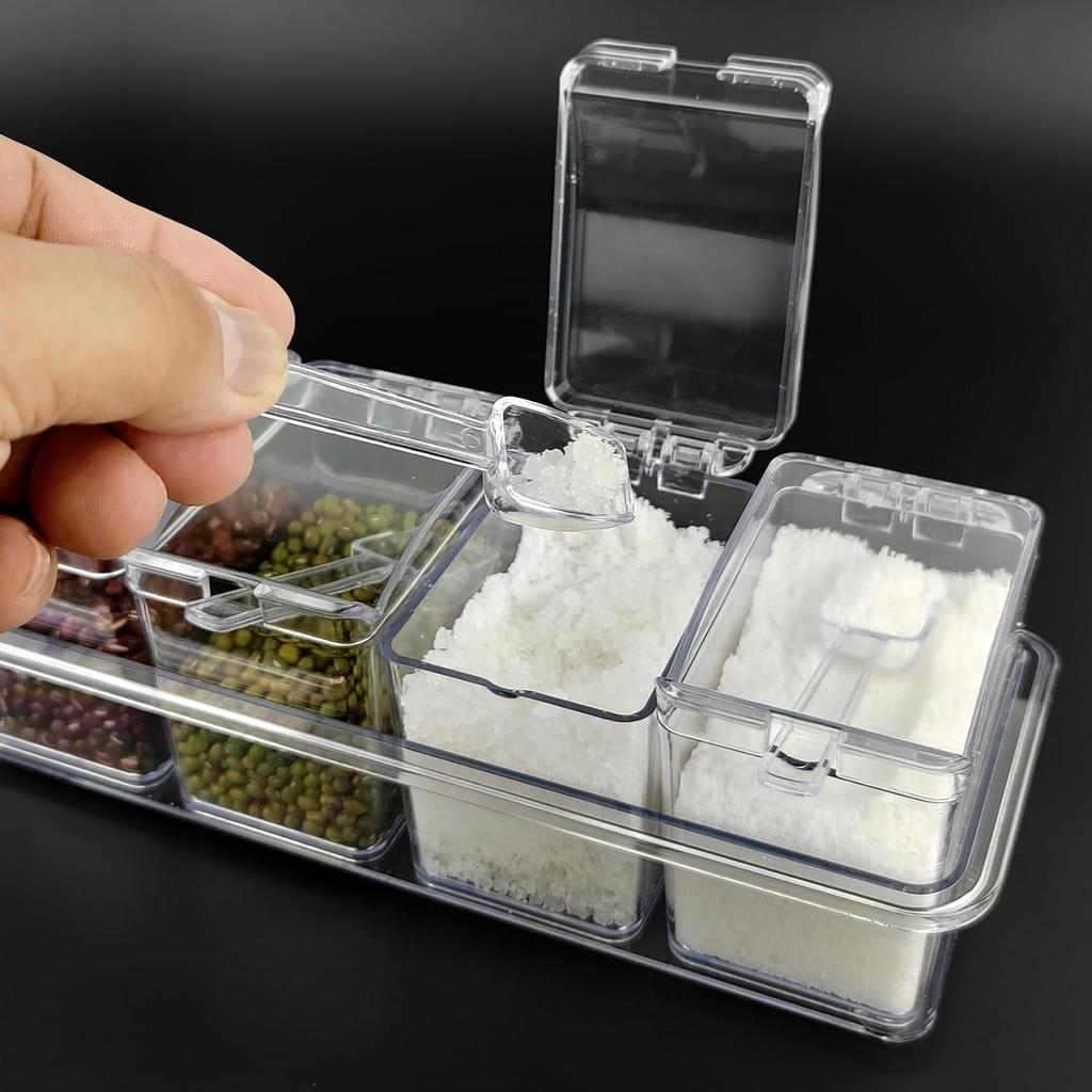 Four Compartment Transparent Seasoning Box with Spoon Lid and Storage Base, Salt, Sugar, MSG Four in One Storage Container