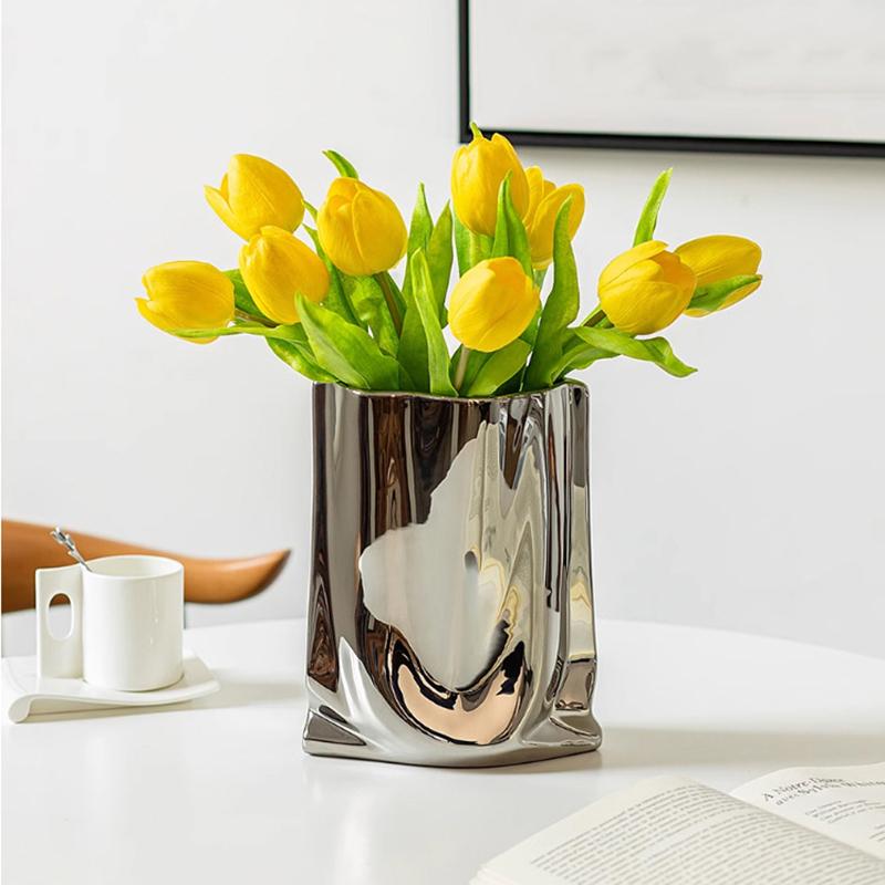 WTEMPO Ceramic Silvery Flower Vase Crinkle Paper Shaped Decorative Large Vase Ornaments for Living Room Home Decorations