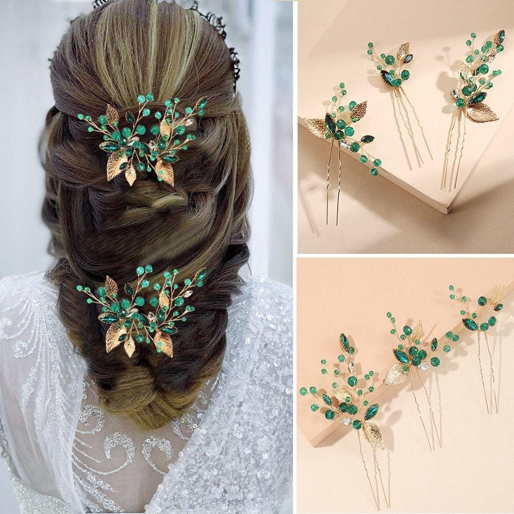 3Pcs/set Wedding Rhinestone Green Leaves Bridal Hairpins Hair Sticks Hair Forks Hair Accessories