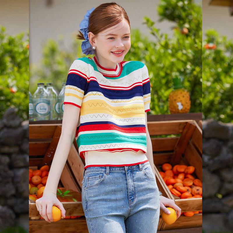 

Bailuyu Women s Summer Contrast Stripe Short Sleeve Knit Top S