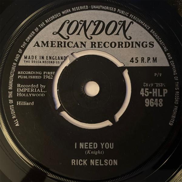 

7inch Record RICKY NELSON - It s Up To You 45HLP9648 London Records, 1962 UK Rock Used