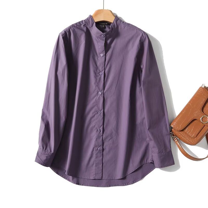 

MD Women s French Ol Mature Elegant Commute Style 100% Cotton Coat Stand Collar Long Sleeves Shirt 05134792654 Purple L