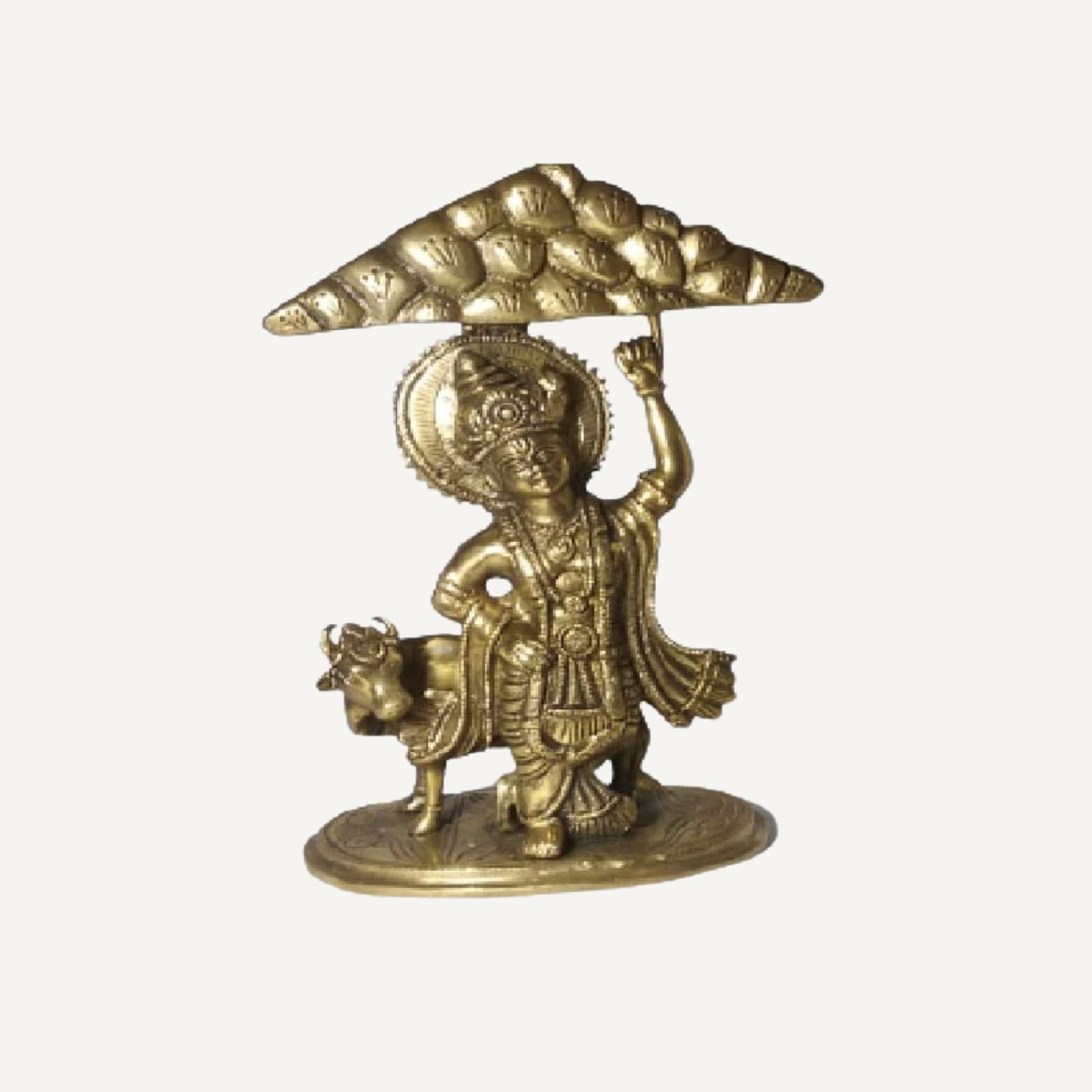 Lord Cow Krishna Murti, Krishan With Kamdhenu, Govardhan Parvat Brass, Gold