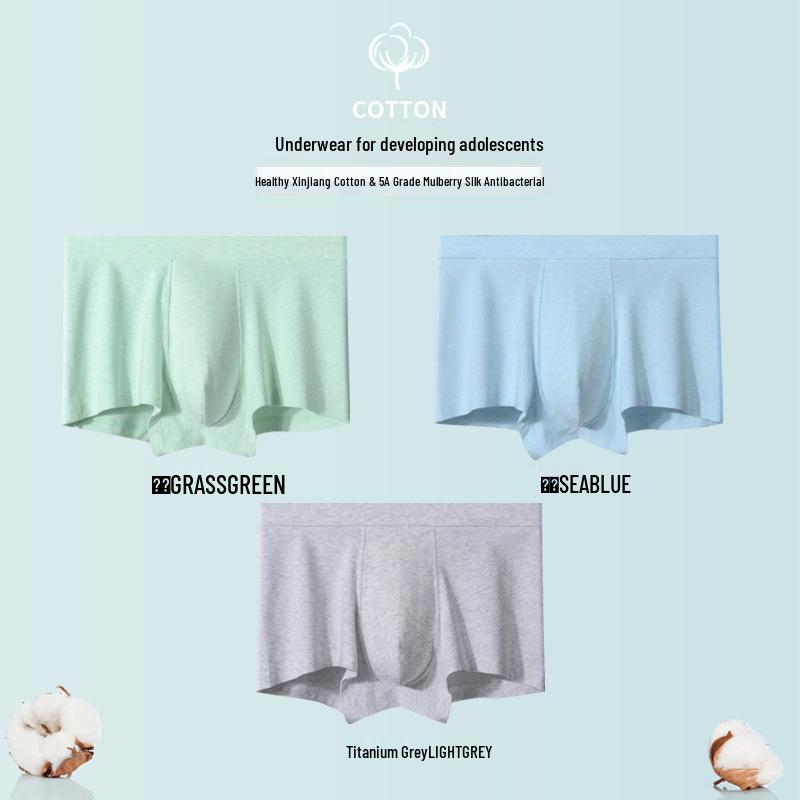 Teen Boys Antibacterial Mulberry Silk Boxers - Pure Cotton Underwear for Puberty XL/115-135 kg морской синий