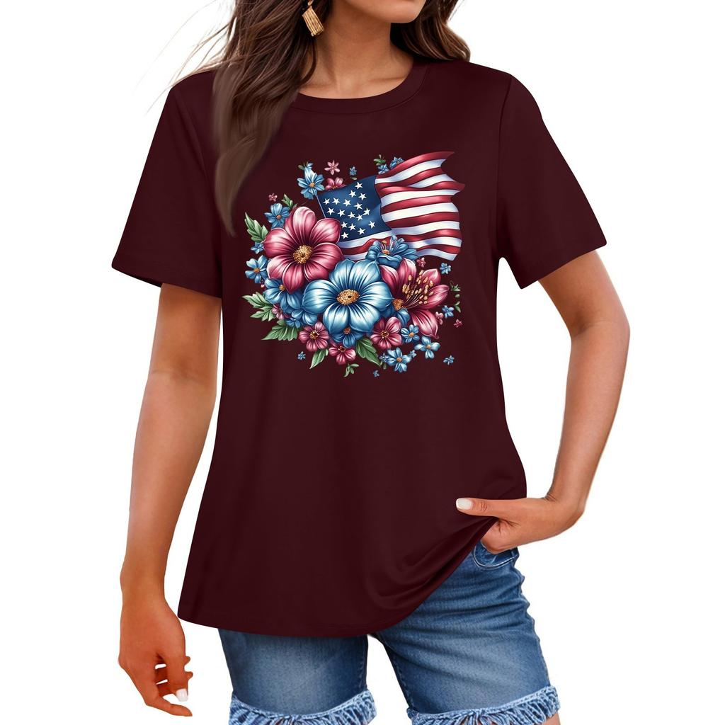 Damenmode Unabhängigkeitstag Bedrucktes Rundhals Kurzarm Freizeit T-Shirt Top