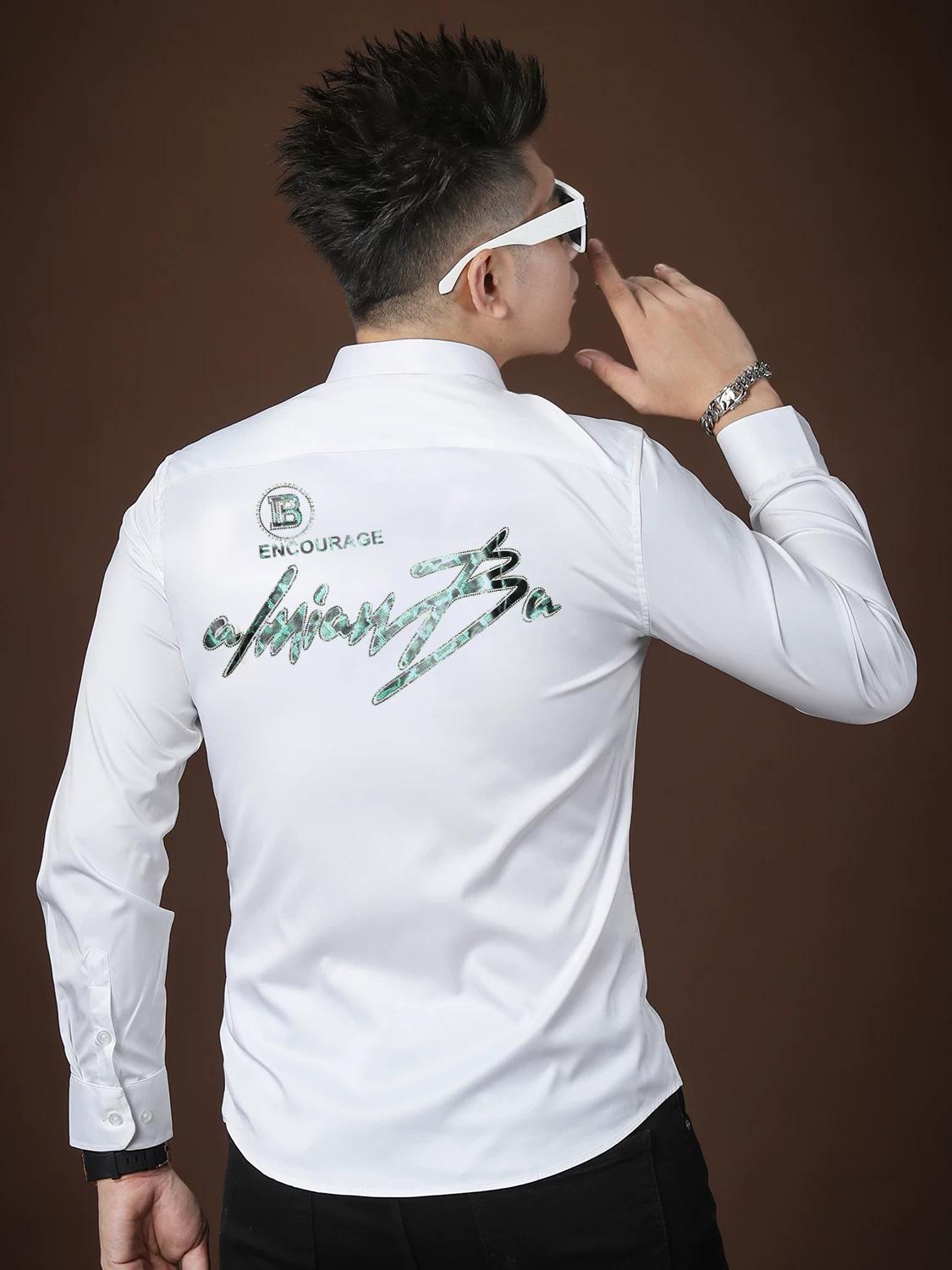 

European-Style Men s Shirts, Spring and Autumn Long-Sleeve Casual Shirts, 2025 New Trendy Brand Letter Print Gold-Stamped Tops, Men s Clothing 3XL белый