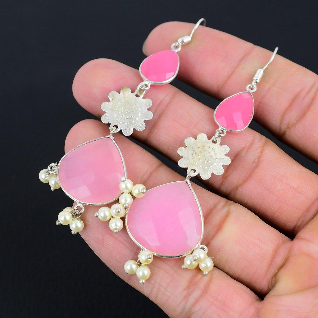 Tages der Töchter Sale Birne Rosa Chalcedon Edelstein Hänge Tropfen Ohrringe 925 Silber