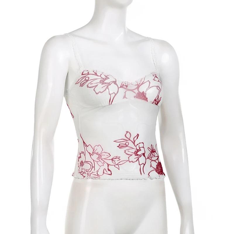 Sexy Transparent Mesh Camis Y2k Rosa Retro Blumendruck Ärmelloses Spitzenband Crop Top Frauen Casual Sommer Tees Harajuku