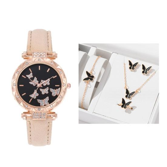 Yousheng 1 Set Women Watch Necklace Bracelet Ring Ear Studs Rhinestone Butterflies Round Faux Leather Strap Ladies Dress Wrist Watch Fashion Jewelry