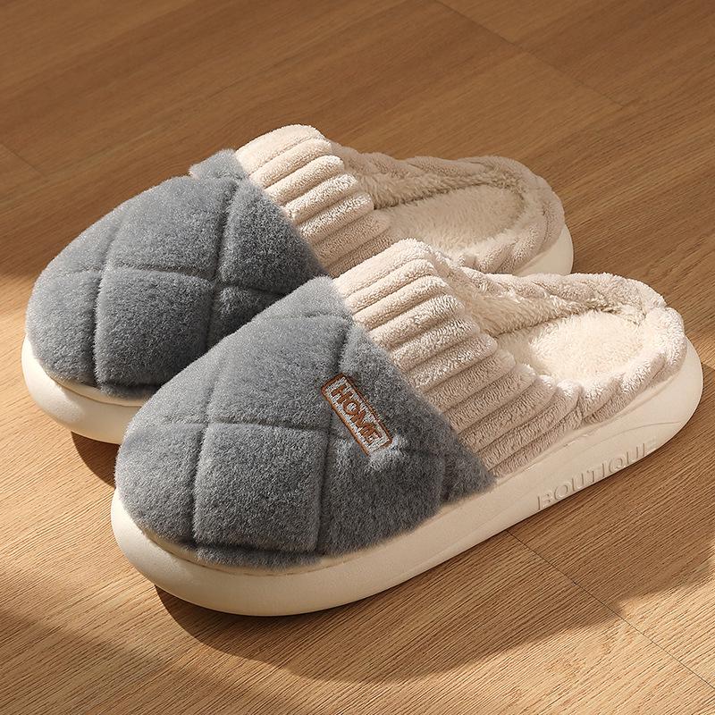 Plush Cotton Slippers: Non-Slip, Thick Sole, Furry Indoor Footwear for Men and Women.