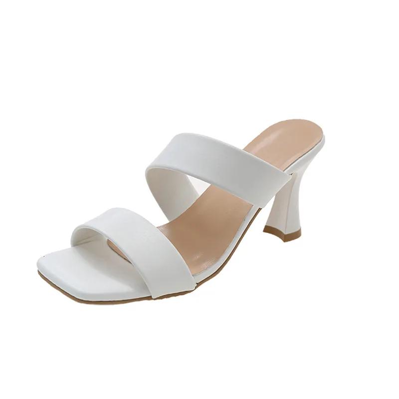 

Fashion Summer Outdoor Wear Thick Heel Plus Size 2025 Korean Version One Line Open Toe Foreign Trade Fashion High Heel Slippers Sandals 35 белый