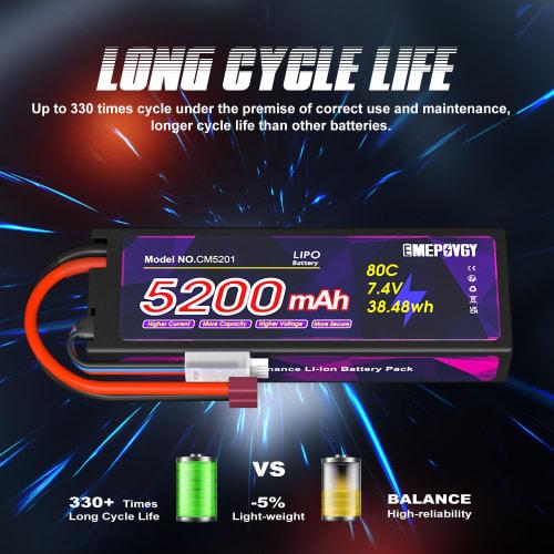 7.4V LiPo Battery, 5200mAh, 80C, 2S, Set of 2, with Deans T, Suitable for Various RC Cars and Trucks